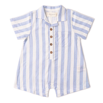 Makemake Organics Organic Collared Romper - Blue Stripes