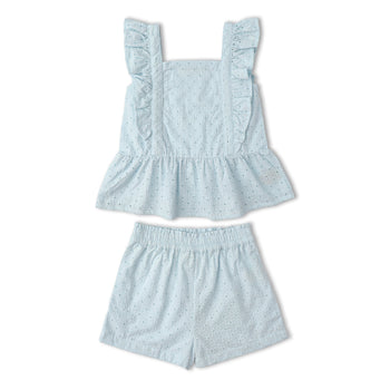 Makemake Organics Organic Eyelet Flutter Top And Shorts Set - Light Blue Eyelet