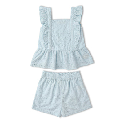 Makemake Organics Organic Eyelet Flutter Top And Shorts Set - Light Blue Eyelet