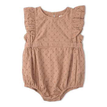 Makemake Organics Organic Eyelet Flutter Romper - Clay Eyelet