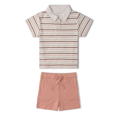 Makemake Organics Organic Collar Tee & Shorts Set - Terra Stripes