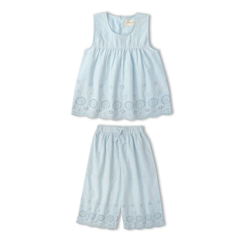 Makemake Organics Organic Eyelet Top And Pant Set - Light Blue Eyelet