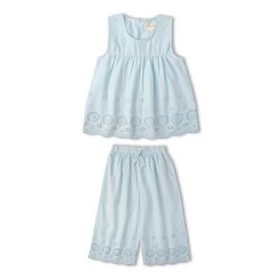 Makemake Organics Organic Eyelet Top And Pant Set - Light Blue Eyelet
