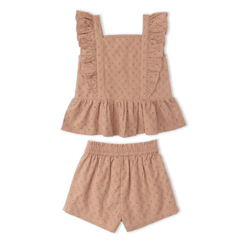 Makemake Organics Organic Eyelet Flutter Top And Shorts Set - Clay Eyelet