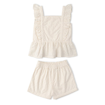 Makemake Organics Organic Eyelet Flutter Top And Shorts Set - Ivory Eyelet