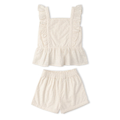 Makemake Organics Organic Eyelet Flutter Top And Shorts Set - Ivory Eyelet