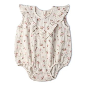 Makemake Organics Organic Sleeveless Ruffle Bubble Romper - Blush Floral