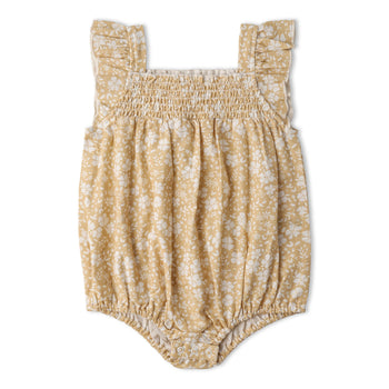 Makemake Organics Organic Ruffle Sleeve Bubble Romper - Yellow Blossom