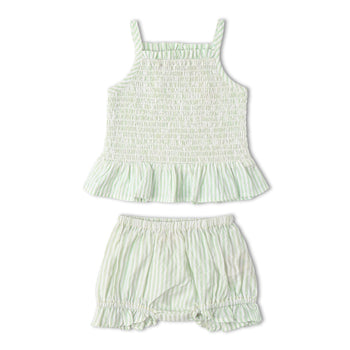 Makemake Organics Organic Smocked Top And Bloomer Set - Basil Stripes
