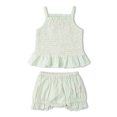 Makemake Organics Organic Smocked Top And Bloomer Set - Basil Stripes