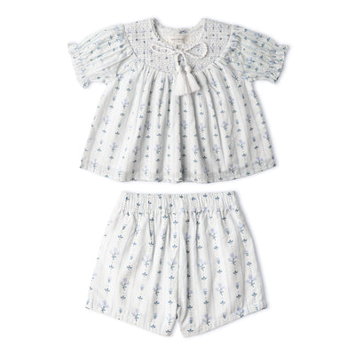 Makemake Organics Organic Smocked Top & Shorts Set - Blue Vines