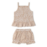 Makemake Organics Organic Smocked Top And Bloomer Set - Caramel Check