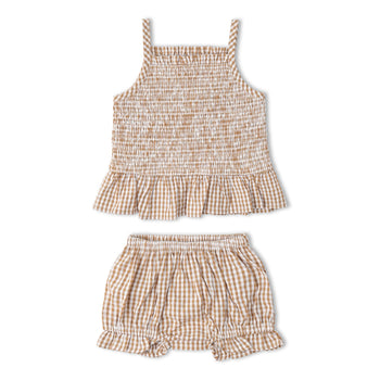 Makemake Organics Organic Smocked Top And Bloomer Set - Caramel Check