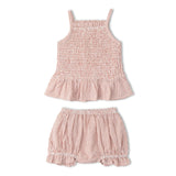 Makemake Organics Organic Smocked Top And Bloomer Set - Coral Stripes