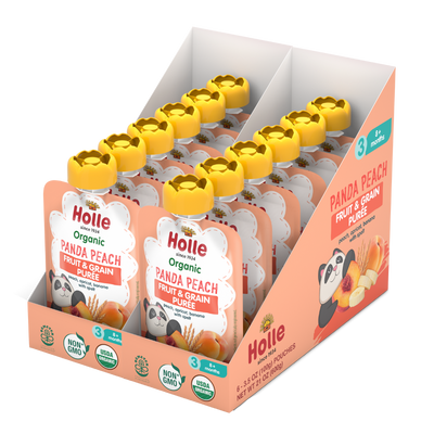 Holle Baby Food Pouches - Organic Fruit & Grain Puree -  Panda Peach