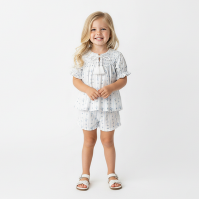 Makemake Organics Organic Smocked Top & Shorts Set - Blue Vines