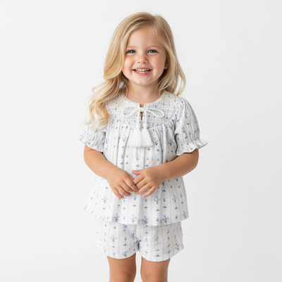 Makemake Organics Organic Smocked Top & Shorts Set - Blue Vines