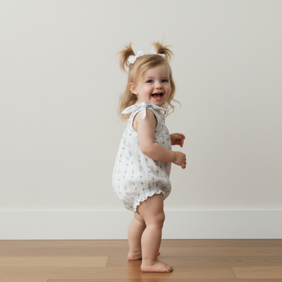 Makemake Organics Organic Tie Shoulder Bubble Romper - Blue Vines