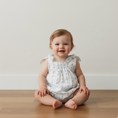 Makemake Organics Organic Tie Shoulder Bubble Romper - Blue Vines