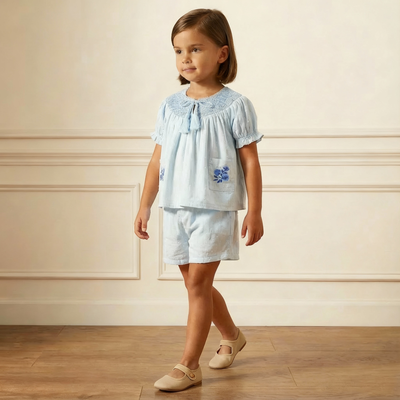 Makemake Organics Organic Smocked Top & Shorts Set - Light Blue