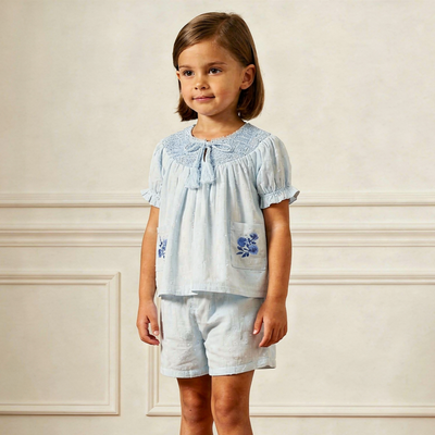 Makemake Organics Organic Smocked Top & Shorts Set - Light Blue