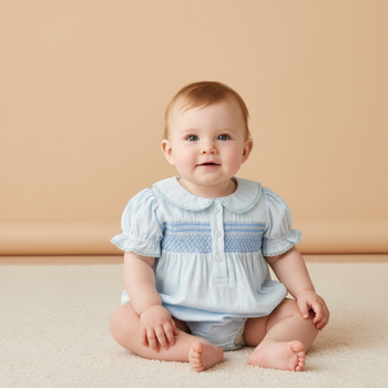 Makemake Organics Organic Smocked Button Romper - Light Blue