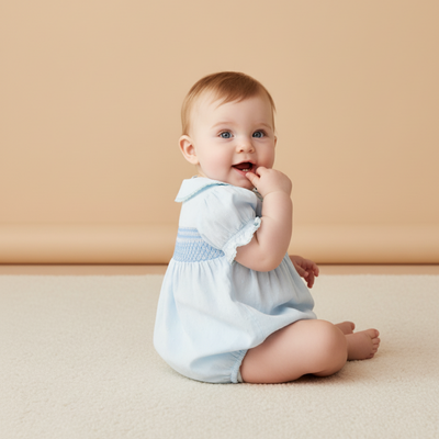 Makemake Organics Organic Smocked Button Romper - Light Blue