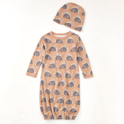 Apple Park Chill Quill hat and sleepgown set with bamboo cotton fabric and matching infant hat displayed in gift box