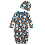 Apple Park Squirrel Scurry hat and sleepgown set with bamboo cotton fabric and woodland print displayed with matching infant hat