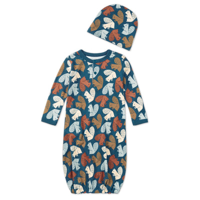Apple Park Squirrel Scurry hat and sleepgown set with bamboo cotton fabric and woodland print displayed with matching infant hat