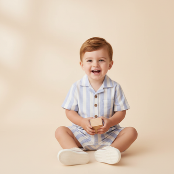 Makemake Organics Organic Collared Romper - Blue Stripes