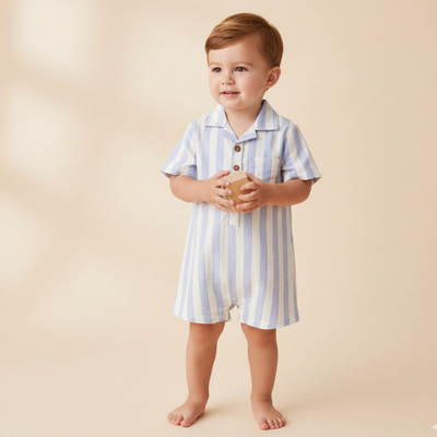 Makemake Organics Organic Collared Romper - Blue Stripes