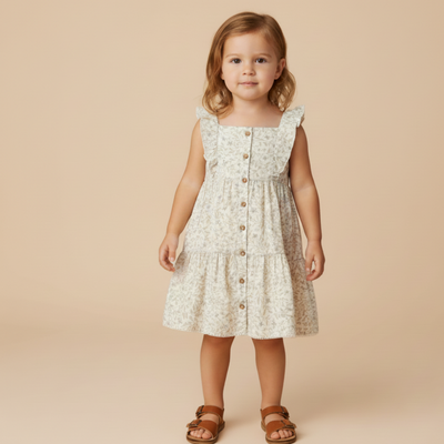 Makemake Organics Organic Flutter Buttoned Tiered Dress - Bluebelle