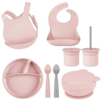 MinikOiOi Silicone Baby Feeding Set – Eco-Friendly Suction Plate, Bowl, Bibs & Cup (6+ Months)