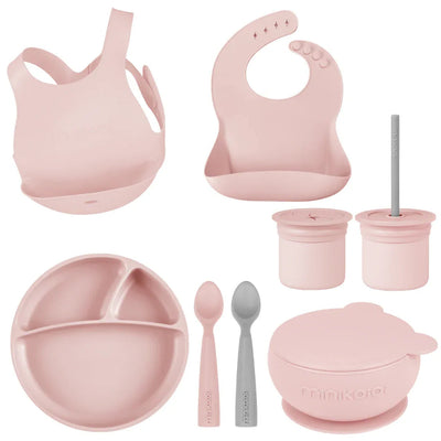 MinikOiOi Silicone Baby Feeding Set – Eco-Friendly Suction Plate, Bowl, Bibs & Cup (6+ Months)