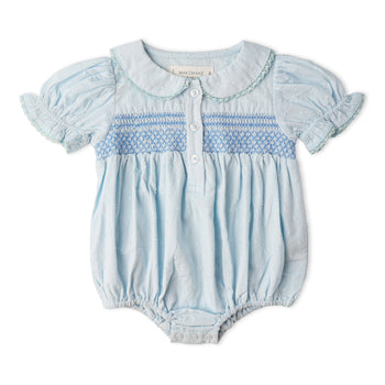 Makemake Organics Organic Smocked Button Romper - Light Blue