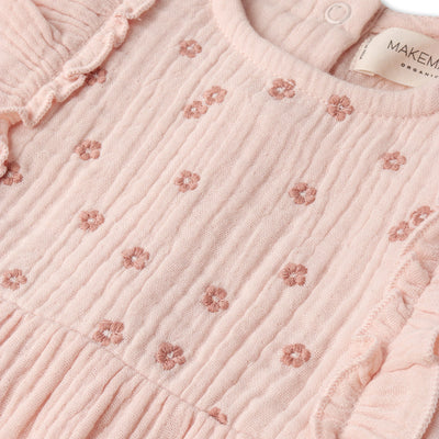 Makemake Organics Organic Embroidered Ruffle Romper - Blush