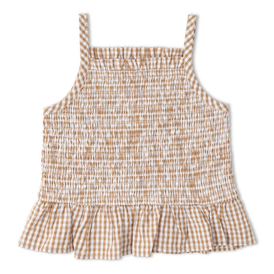 Makemake Organics Organic Smocked Top And Bloomer Set - Caramel Check