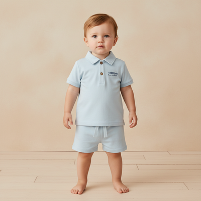 Makemake Organics Organic Polo Shirt & Shorts Set - Light Blue