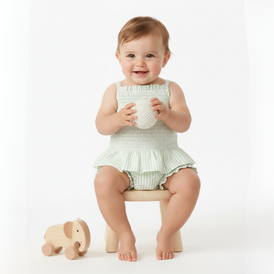 Makemake Organics Organic Smocked Top And Bloomer Set - Basil Stripes