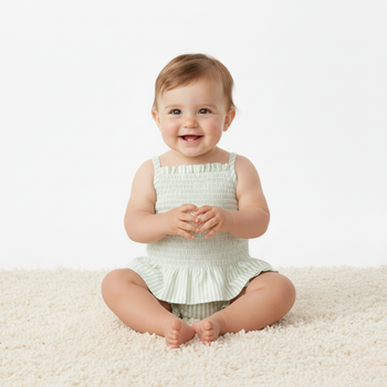 Makemake Organics Organic Smocked Top And Bloomer Set - Basil Stripes