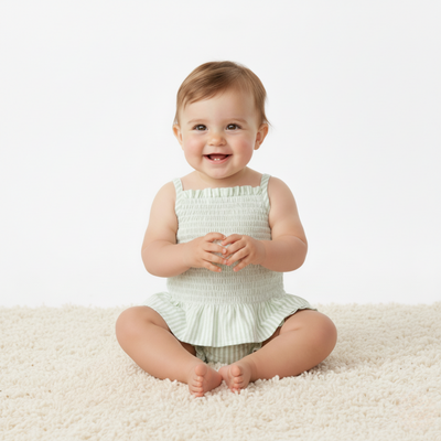 Makemake Organics Organic Smocked Top And Bloomer Set - Basil Stripes