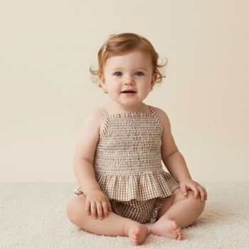 Makemake Organics Organic Smocked Top And Bloomer Set - Caramel Check