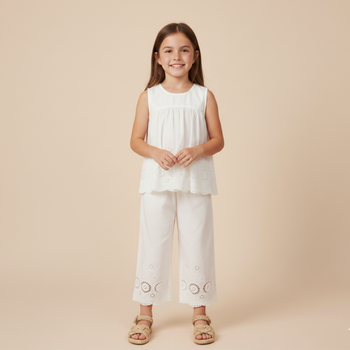 Makemake Organics Organic Eyelet Top And Pant Set - Ivory Eyelet