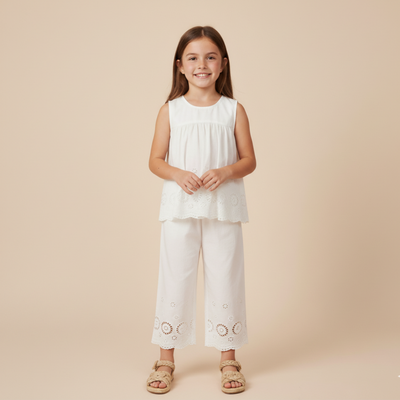 Makemake Organics Organic Eyelet Top And Pant Set - Ivory Eyelet