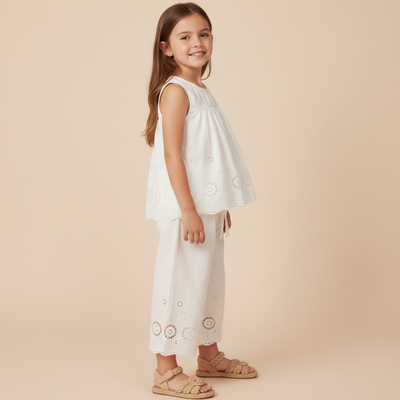 Makemake Organics Organic Eyelet Top And Pant Set - Ivory Eyelet