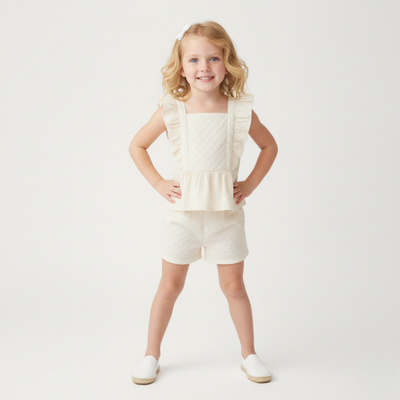 Makemake Organics Organic Eyelet Flutter Top And Shorts Set - Ivory Eyelet