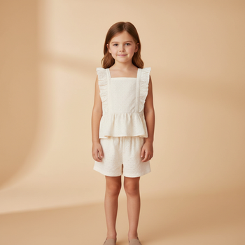 Makemake Organics Organic Eyelet Flutter Top And Shorts Set - Ivory Eyelet