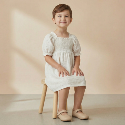 Makemake Organics Organic Eyelet Bubble Sleeve Dress - Ivory Eyelet