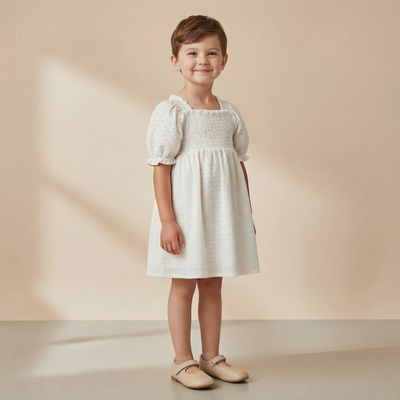 Makemake Organics Organic Eyelet Bubble Sleeve Dress - Ivory Eyelet